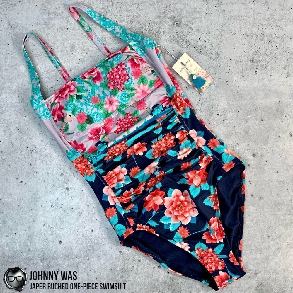 JOHNNY WAS JAPER RUCHED ONE PIECE SWIMSUIT IN FLORAL BLUE RED SMALL, LARGE NEW